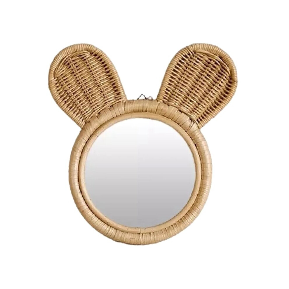 Rabbit Ears Decorative Rattan Mirror Round Hanging Wall Makeup Mirror Art Decor G99A