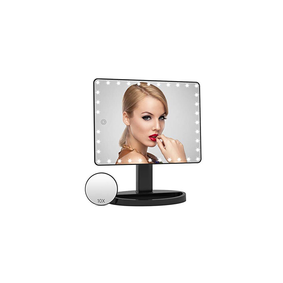 Rechargeable Lighted Makeup Vanity mirror with 45 LED Lights, Large Light Up Mirror, 10X Magnification Touch Screen, 360 Rotation Portable Tabletop