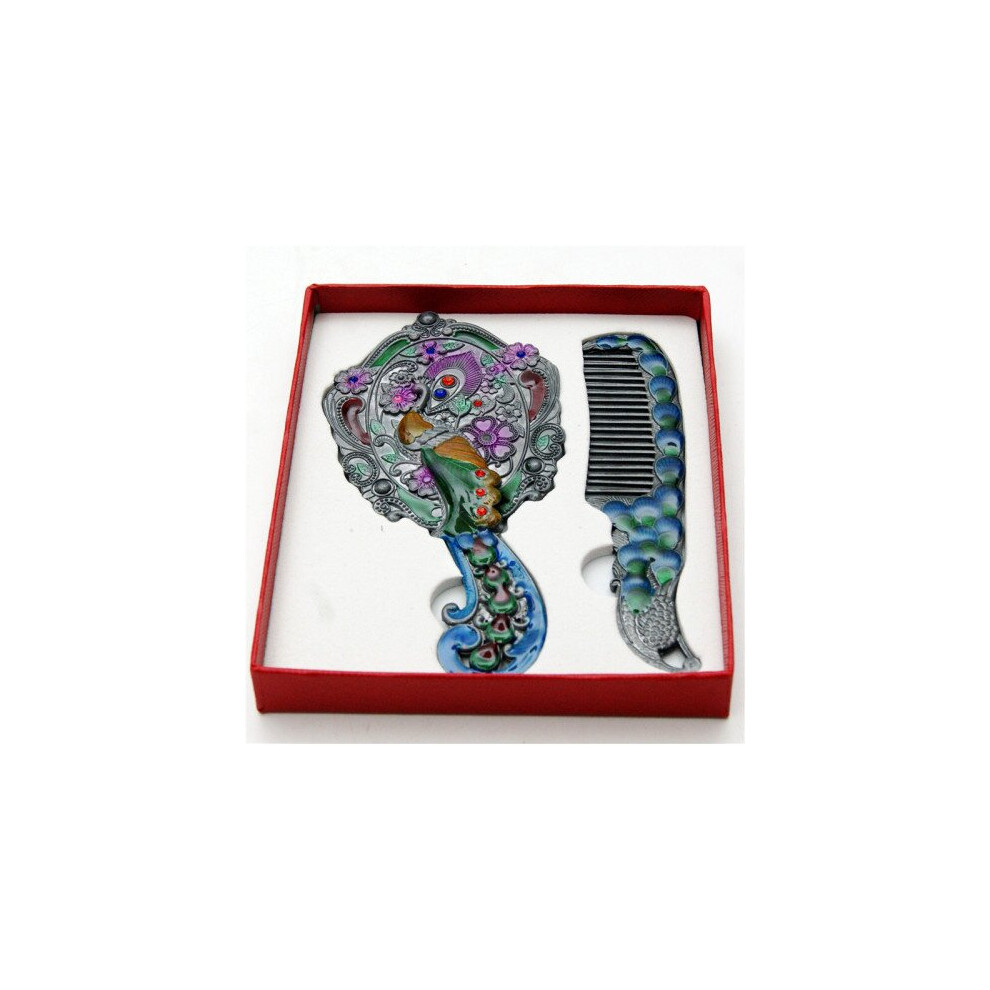 Retro small makeup mirror comb set portable portable peacock handle mirror set birthday small