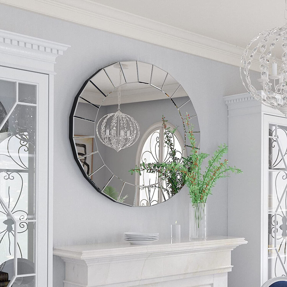 Round Decorative Mirror 80cm Silver Vanity with Sunburst Glass Edge
