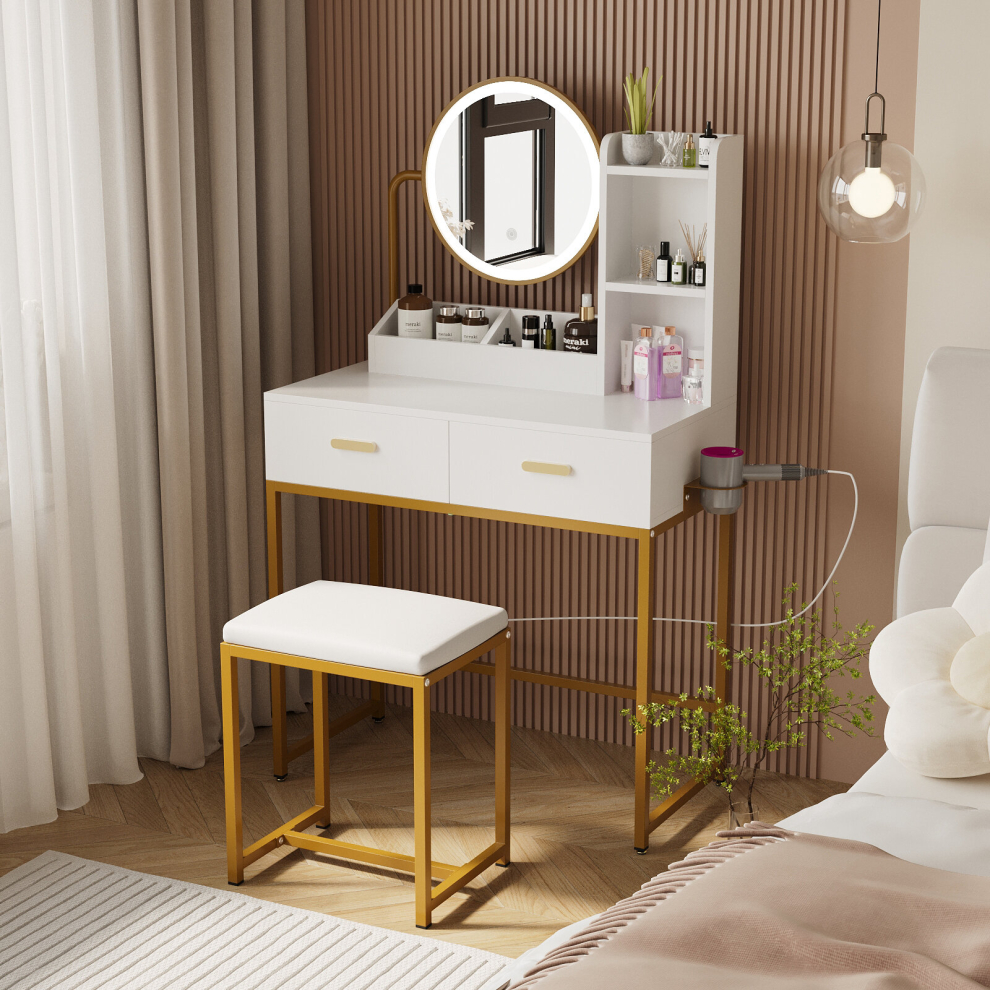 (Round Mirror 2) Dressing Table 3 Modes Mirror Stool Drawer 80*40