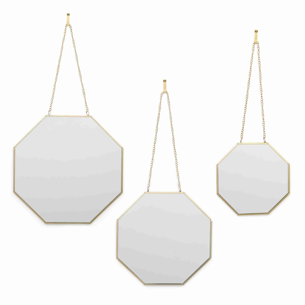 Set 3 Hexagon Gold Mirrors Glass Geometric Retro Modern Boho Wall Deco
