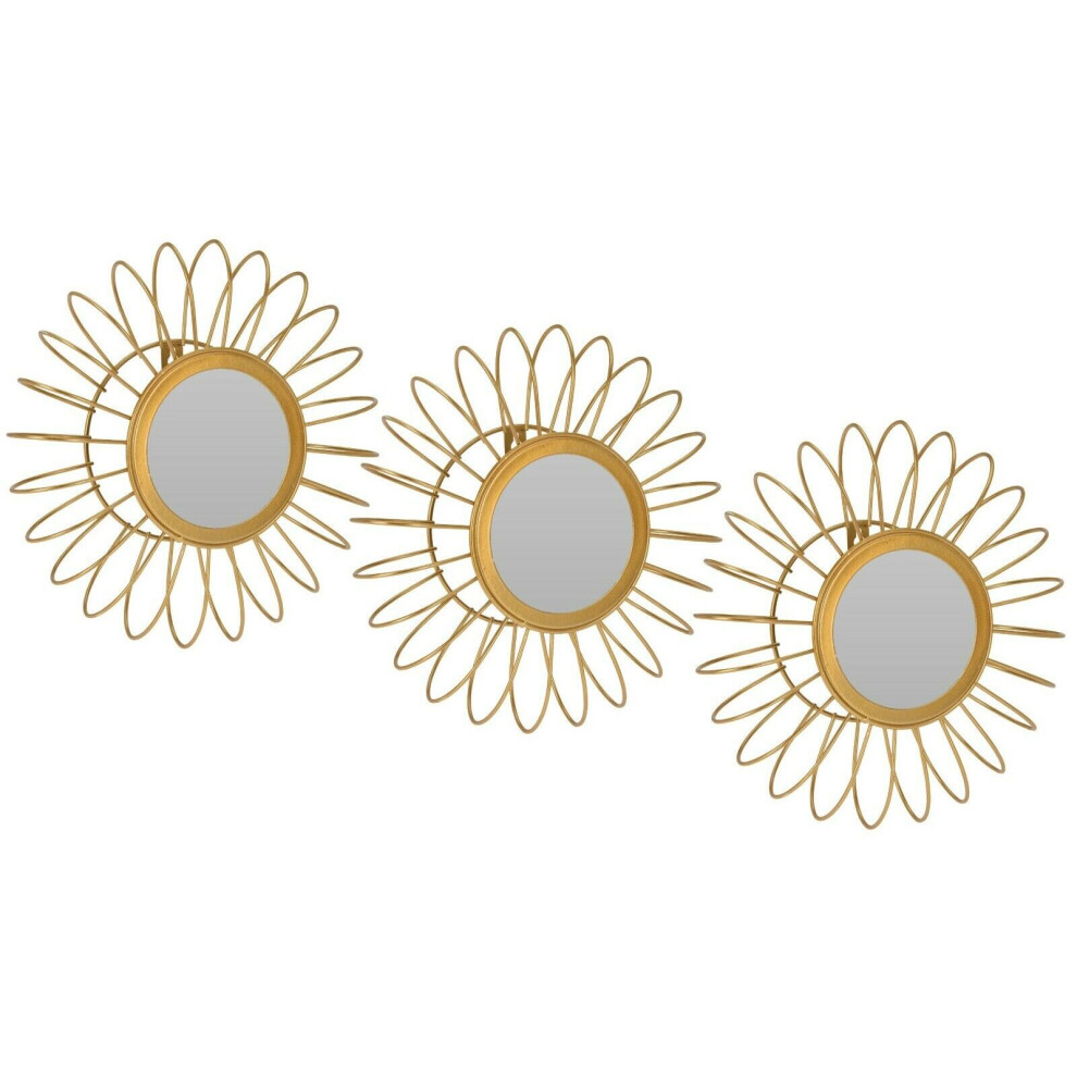 Set of 3 Gold Metal Accent Mirrors Round Wall Hanging Mirrors 3D Design Frame