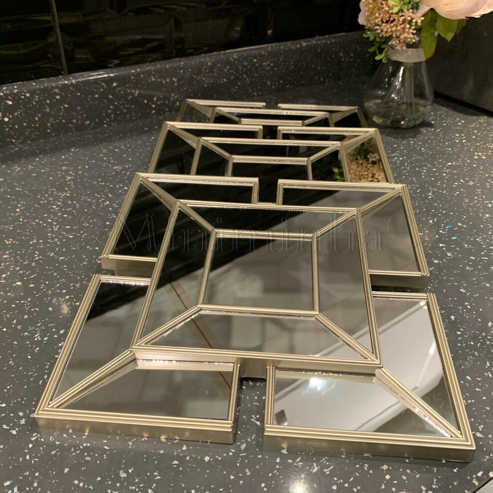 SET OF 3 Square Gold ART DECO Arched Wall MIRRORS Tile Look Gold