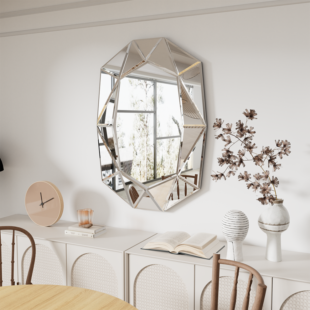 (Silver) 3D Decorative Glass Art Mirror Wall Beveled Mirror
