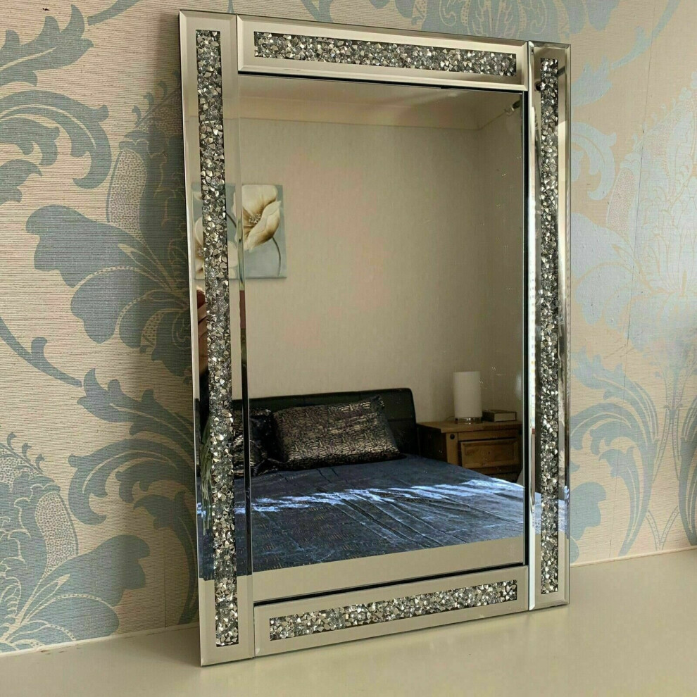 SILVER CRUSHED JEWEL LOOSE DIAMOND WALL MIRROR DRESSING MAKE UP GIRLS BEDROOM