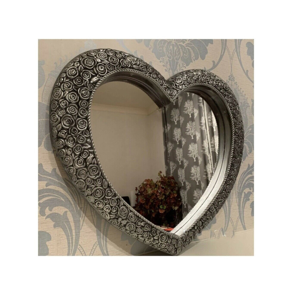 Silver Ornate Heart Shape Wall Mirror Antique Resin Style Home 67 X 58
