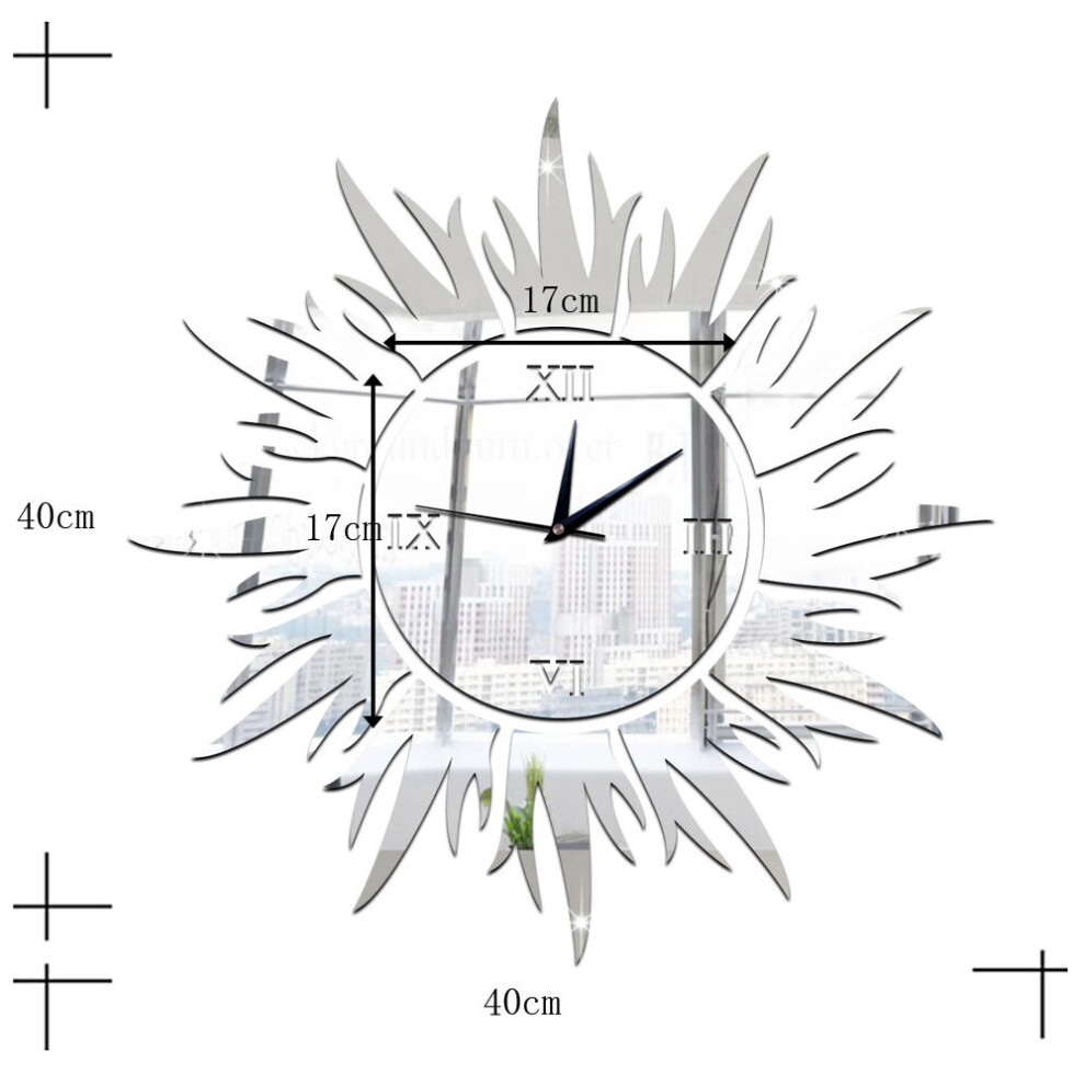 (Silver) sun decoration wall clock mirror