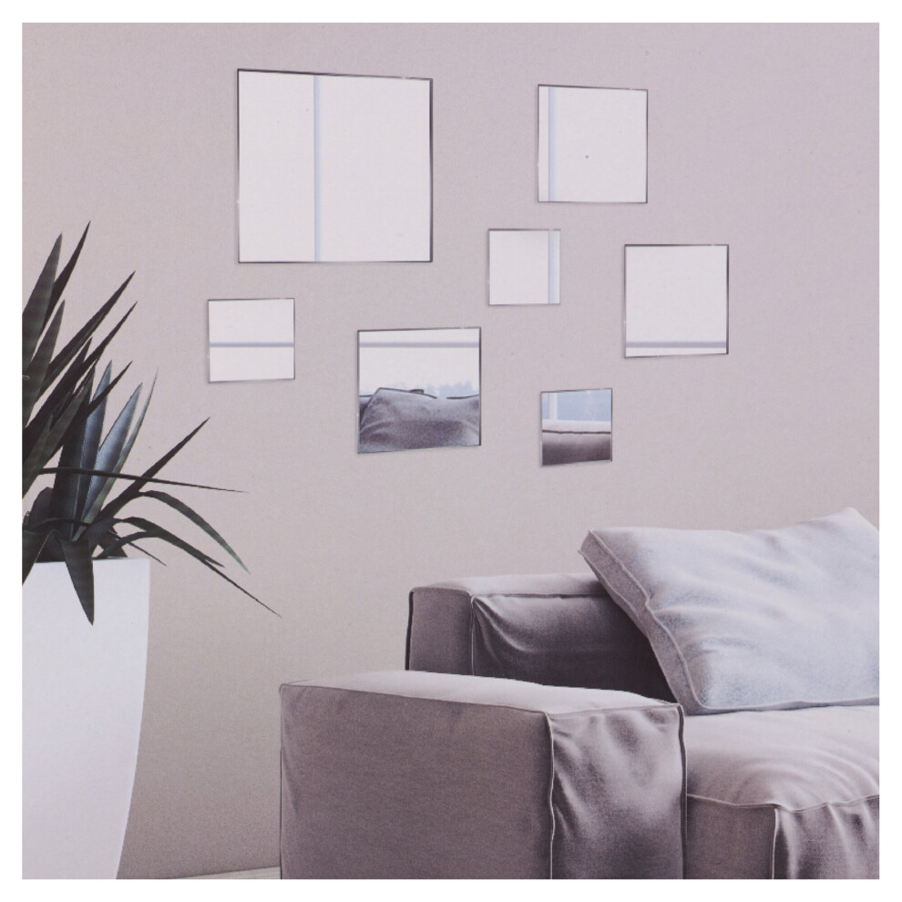 (Square) 7Pc Decorative Stick On Wall Glass Mirror Set