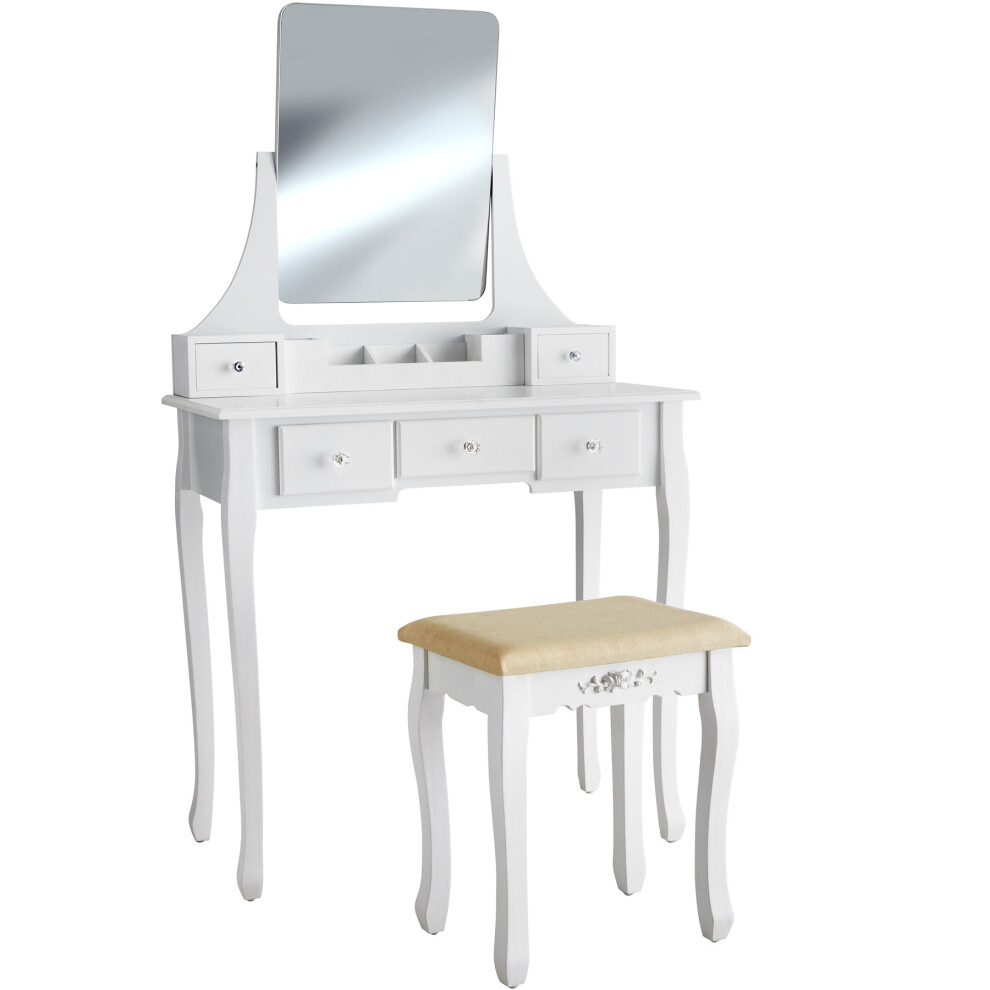 tectake Dressing table Claire with 5 drawers for storage, stool and mirror - dressing table mirror, white dressing table - white