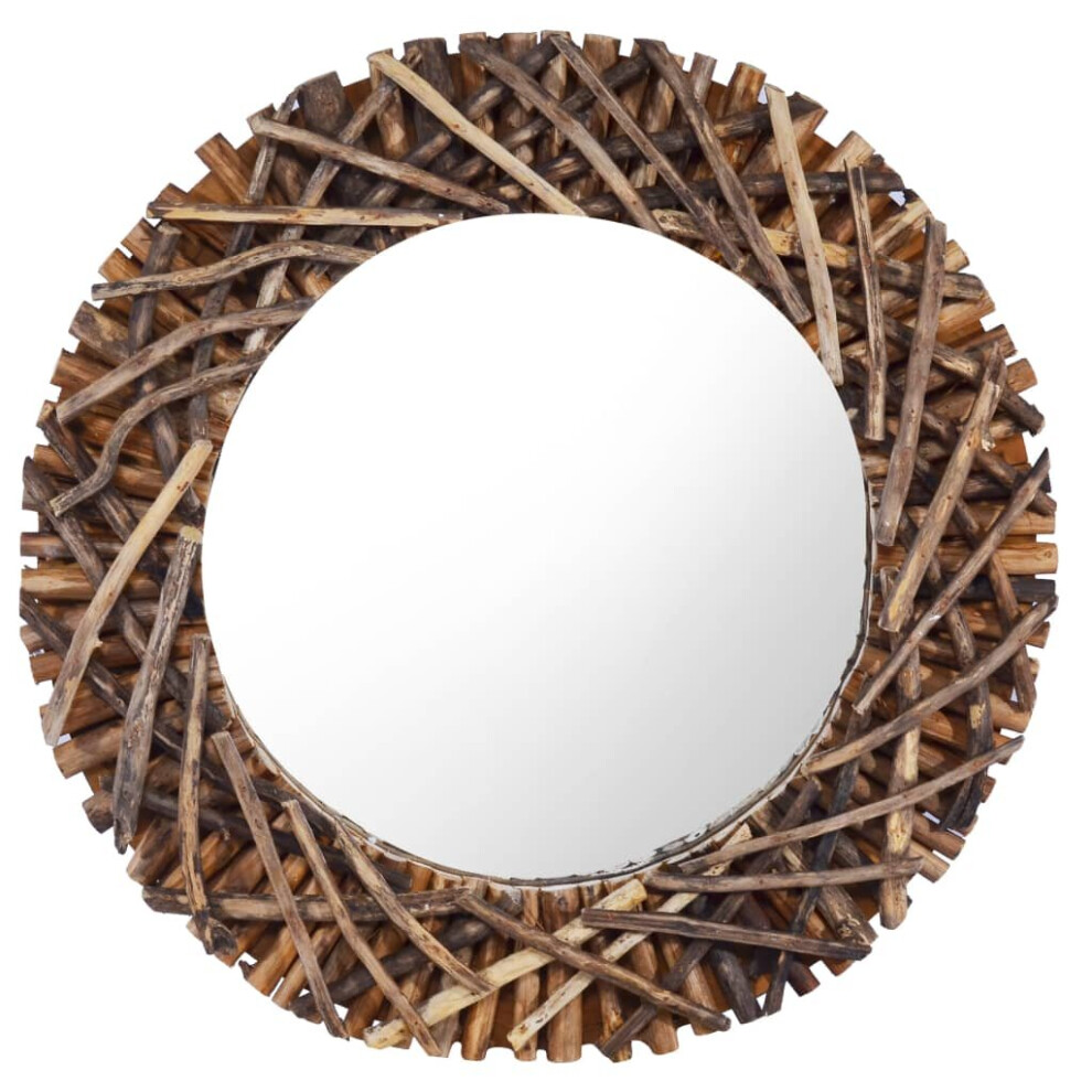 vidaXL Wall Mirror 60 cm Teak Round Wooden Decorative Hanging Mirror Home
