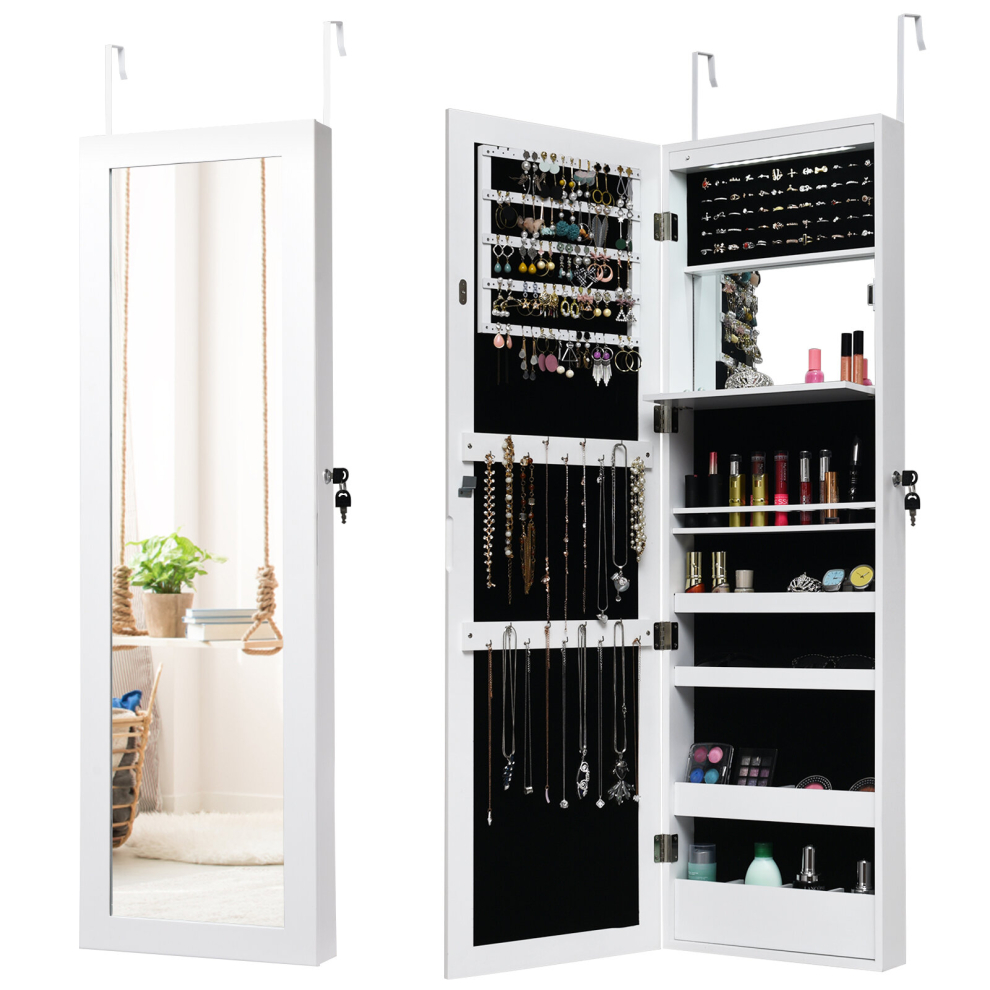 Wall-mounted Jewelry Storage Cabinet Door Hanging Armoire w/ Full Mirror