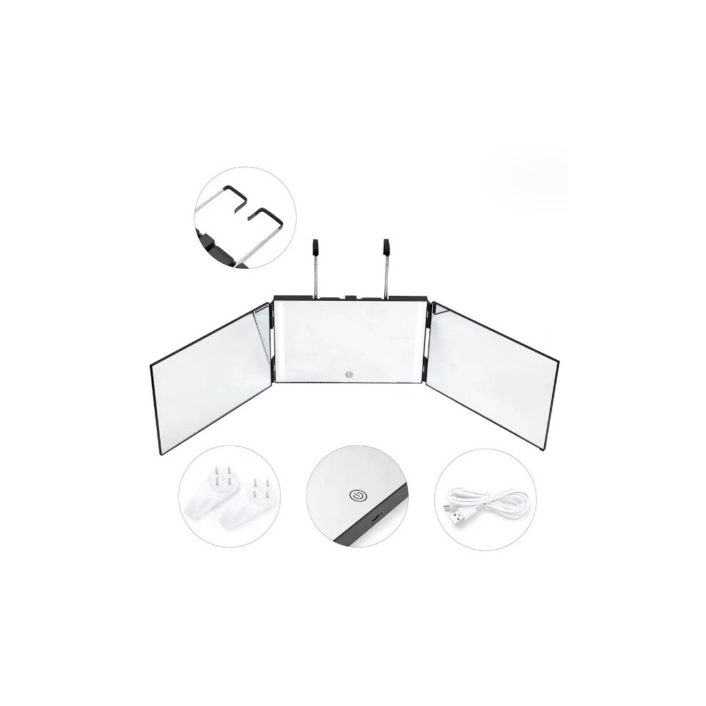 (with LED lights+upgrading with hook nails) USB charging, retractable hook, suspended makeup mirror, three fold high-definition mirror, beauty mirror