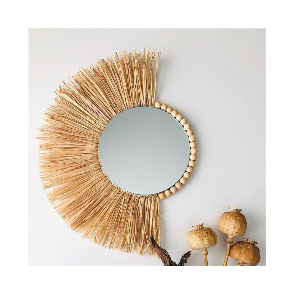 Wood Bead Straw Woven Mirror Wall Ornaments Living Room Background Bedroom Mirrors Home Decor Crafts