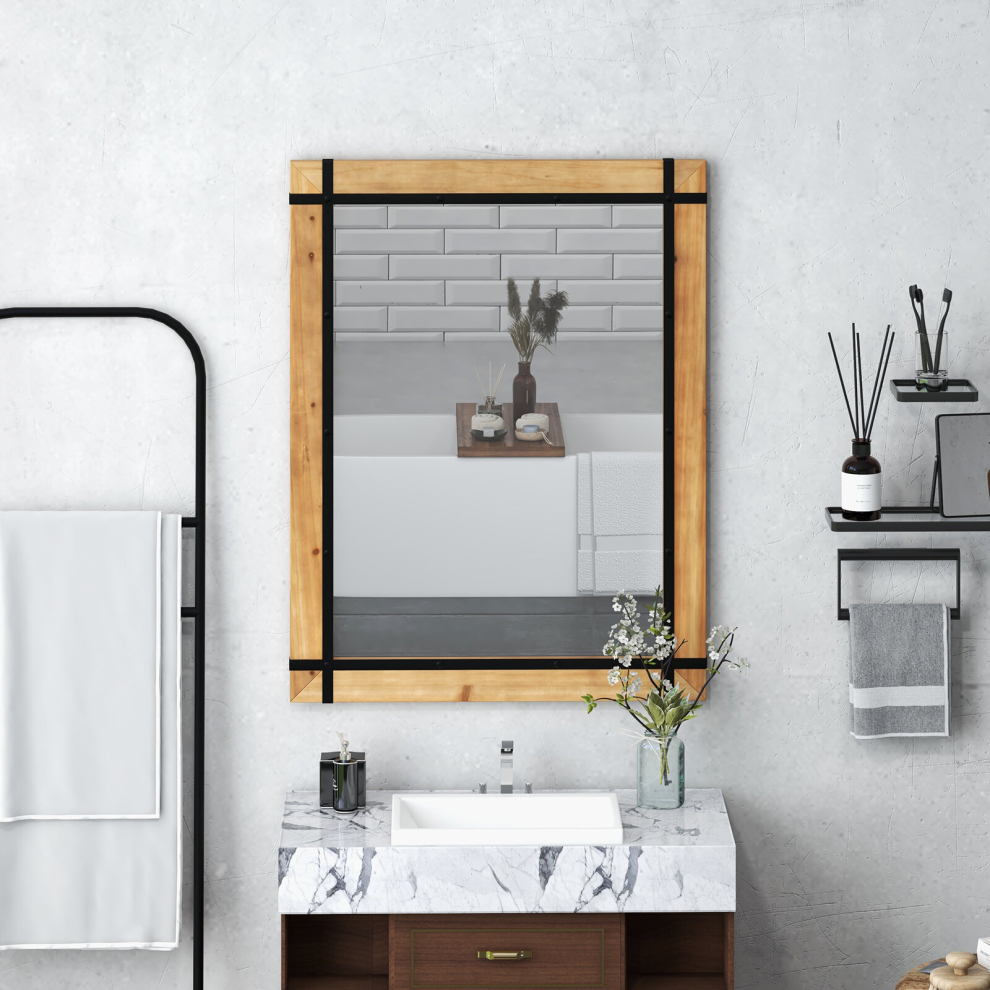 Wood Frame Makeup Vanity Mirror Farmhouse w/Hanging Hooks Wall Mounted