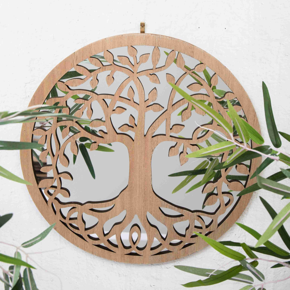 Wooden Mirrored Tree Of Life Round Wall Art Sculpture Plaque