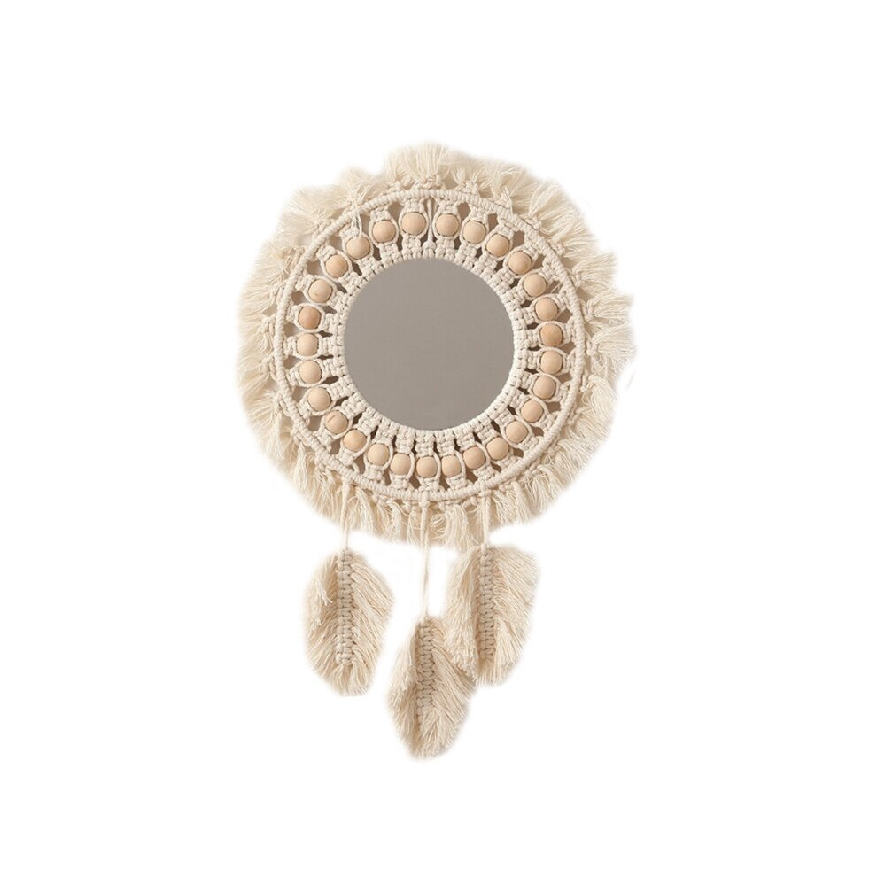 Woven Hanging Wall Mirror Boho Macrame Leaf Pendant Art Decoration for Apartment Living Room Bedroom Baby Nursery G99A